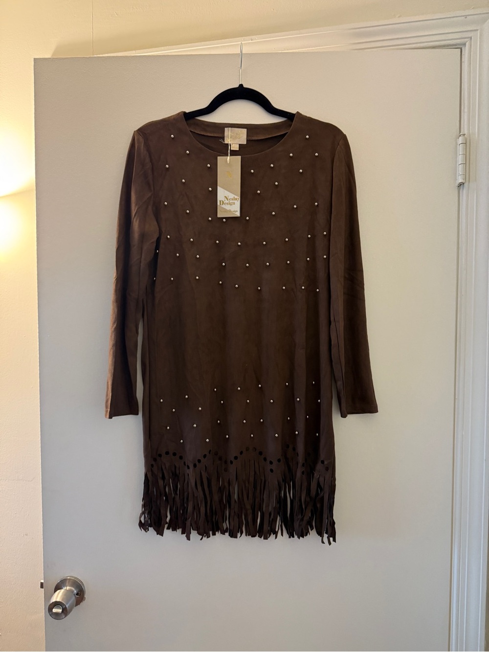 Neslay Boho Faux Suede Fringe Studded Western Dress - Size L